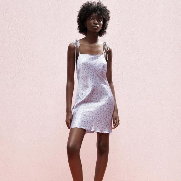 Zara Woman Floral Tie Straps Squared Neck Mini Slip Dress in Lilac Purple S - Picture 2 of 7